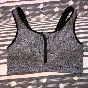 Dark grey and black stretch sports bra